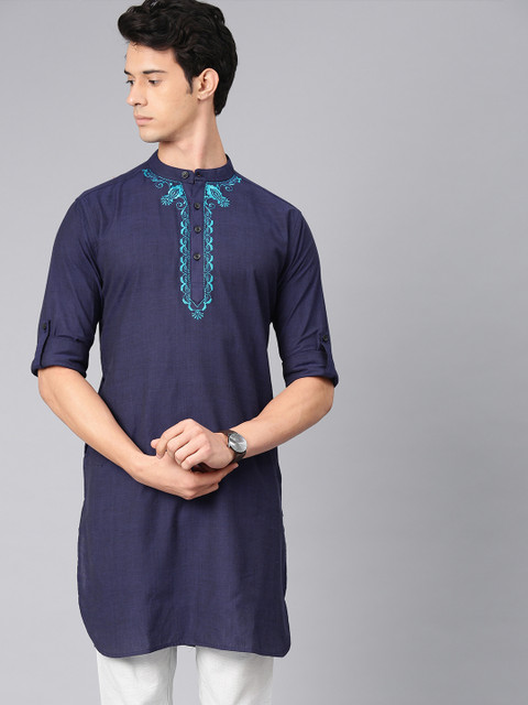 

Svanik Men Navy Blue Solid Straight Kurta