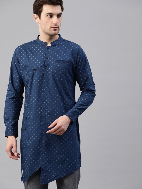

Svanik Men Navy Blue & White Printed Straight Kurta