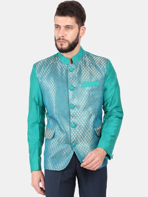 

Svanik Men Sea Green & Gold-Coloured Self-Design Brocade Bandhgala Slim-Fit Blazer