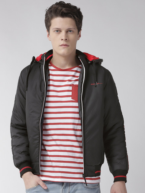 

Fort Collins Men Black Solid Hooded Bomber Jacket