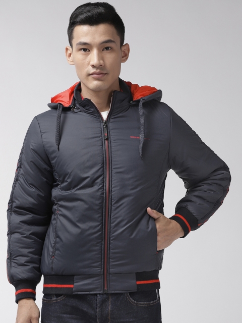 

Fort Collins Men Navy Blue Solid Bomber Jacket with Detachable Hood