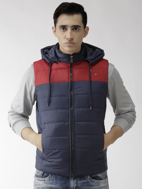 

Fort Collins Men Navy Blue & Red Colourblocked Padded Hooded Jacket