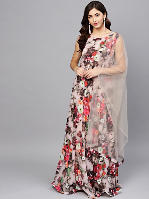 

Chhabra 555 Women Grey & Pink Floral Georgette Made to Measure Cocktail Gown with Dupatta