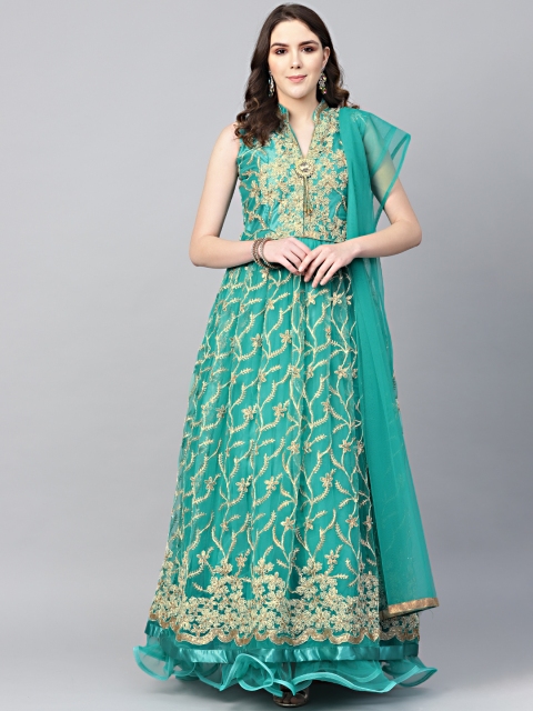 

Chhabra 555 Women Teal Green & Golden Embellished Made to Measure Gown with Dupatta