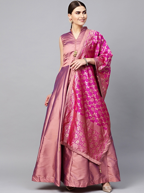 

Chhabra 555 Women Pink Solid Made to Measure Cocktail Gown with Banarasi Dupatta