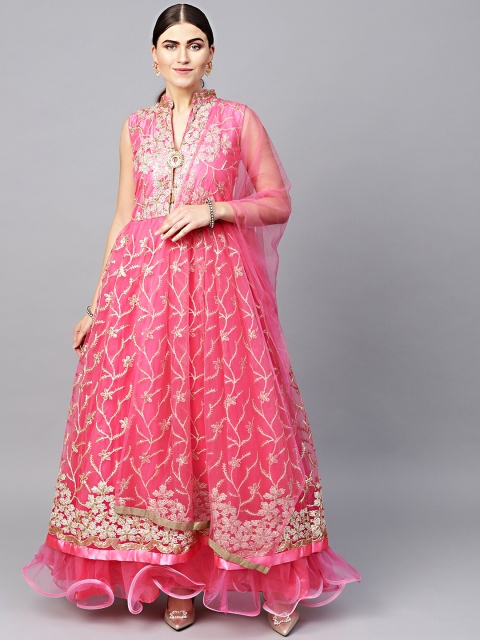 

Chhabra 555 Women Pink & Golden Embellished Made to Measure Gown with Dupatta