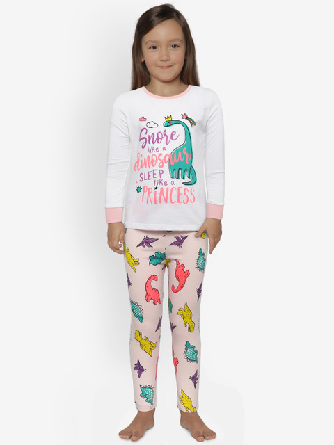 

Lazy Shark Girls White & Pink Printed Night Suit