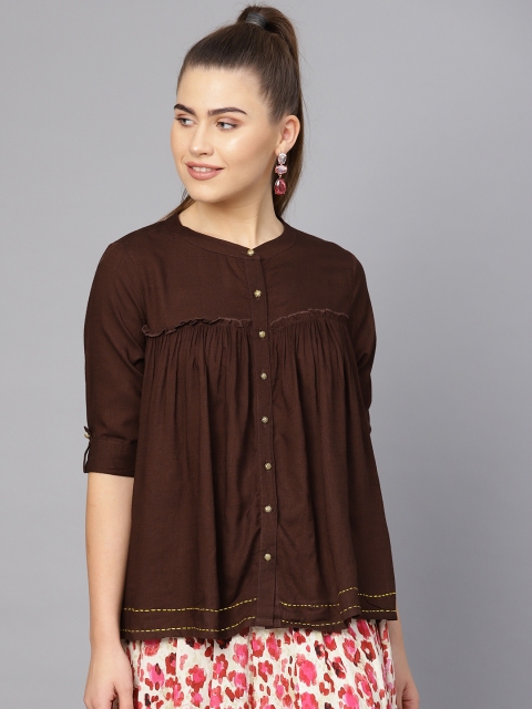 

clorals Women Brown Solid Shirt Style Top