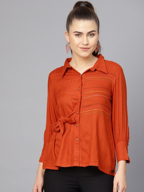 

clorals Women Rust Orange Regular Fit Solid Casual Shirt