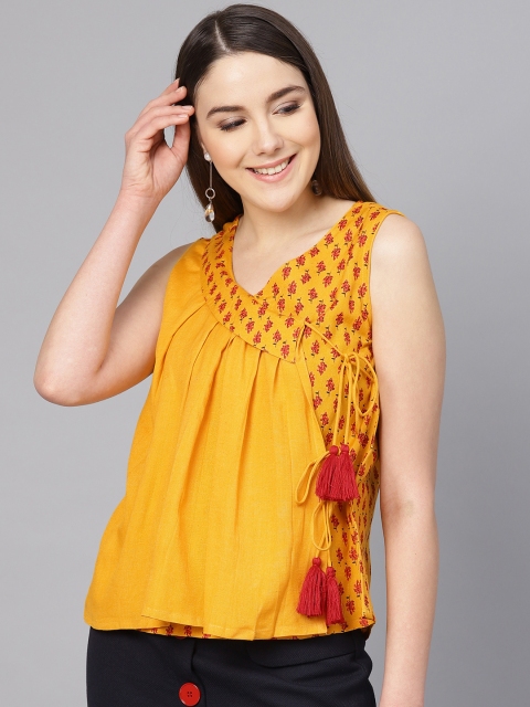

clorals Women Mustard Yellow & Red Floral Print Wrap Top