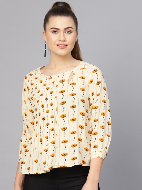 

clorals Women Cream-Coloured & Mustard Yellow Floral Print A-Line Top