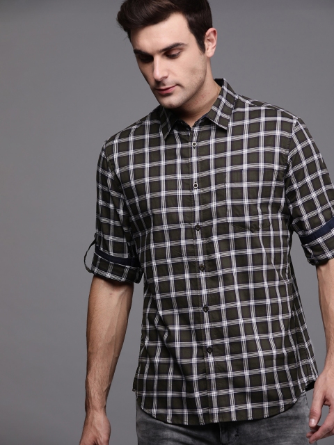 

Ducati Men Olive Green & Off-White Slim Fit Checked Casual Shirt