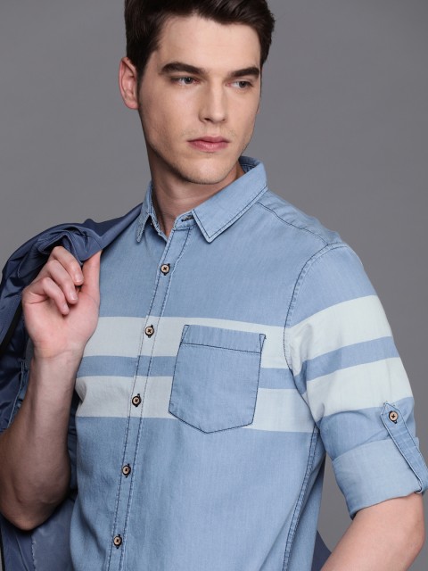 

Ducati Men Blue & White Slim Fit Striped Casual Denim Shirt