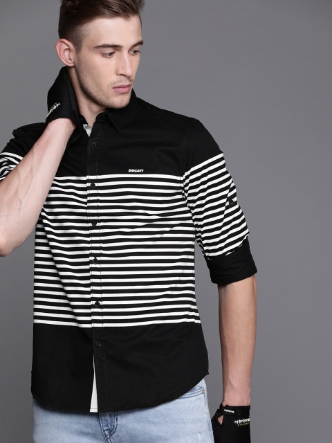 

Ducati Men Black & White Slim Fit Striped Casual Shirt