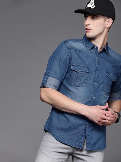

Ducati Men Blue Slim Fit Faded Casual Chambray Shirt