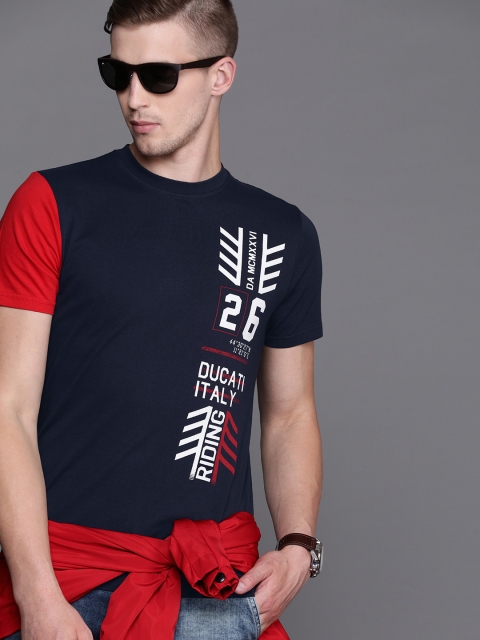 

Ducati Men Navy Blue Printed Round Neck T-shirt With Contrast Sleeves
