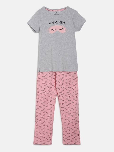 

Sweet Dreams Girls Grey Melange & Pink Printed Night suit