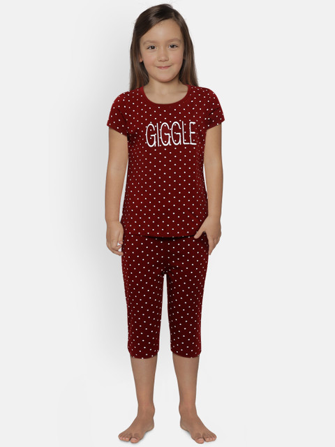 

Sweet Dreams Girls Maroon & White Polk Dot Print Night suit