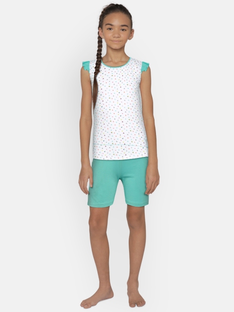

Sweet Dreams Girls White & Green Printed Night Suit