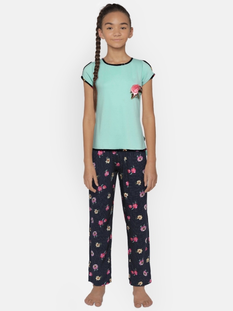 

Sweet Dreams Girls Mint Green & Navy Blue Printed Night Suit