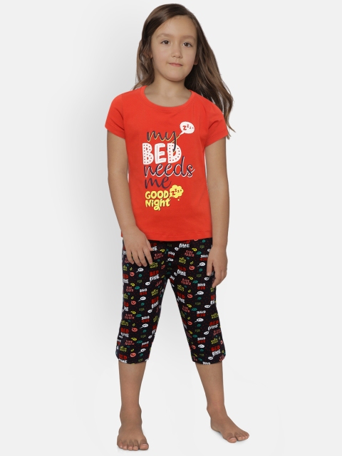 

Sweet Dreams Girls Coral Red & Navy Blue Printed Night suit