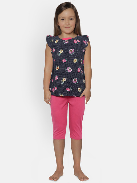 

Sweet Dreams Girls Navy Blue & Pink Printed Night suit