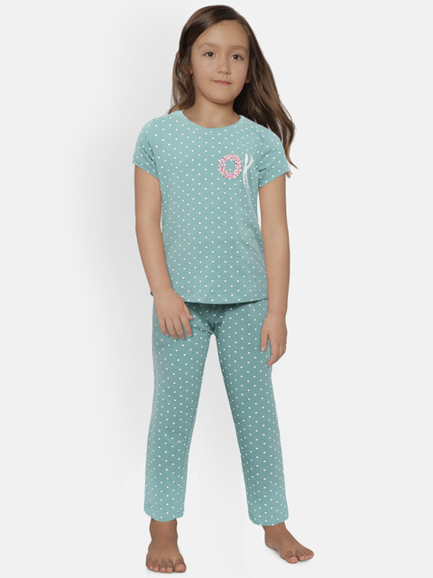 

Sweet Dreams Girls Green & White Polka Dot Print Night suit