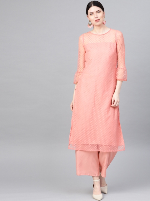 

SIRIKIT Women Dusty Pink Woven Design Semi-Sheer Straight Kurta