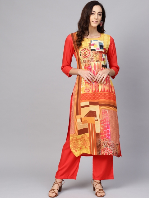 

Meeranshi Women Yellow & Orange Printed Kurta with Trousers