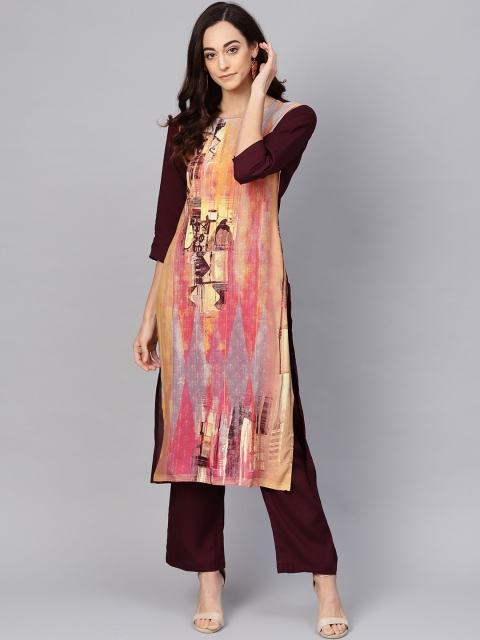 

Meeranshi Women Beige & Brown Printed Kurta with Trousers