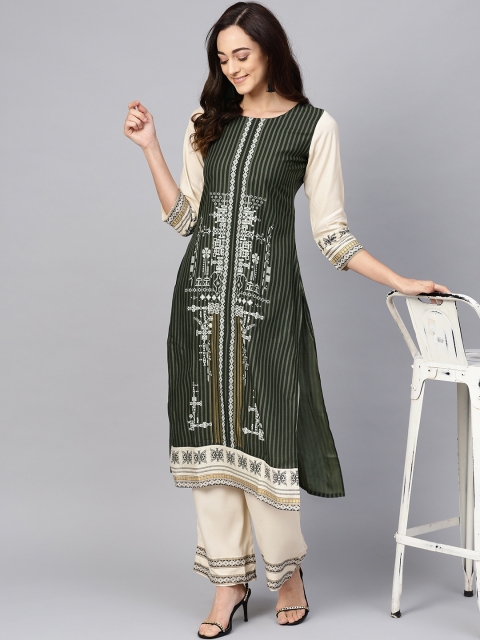 

Meeranshi Women Green & Beige Striped Kurta with Palazzos