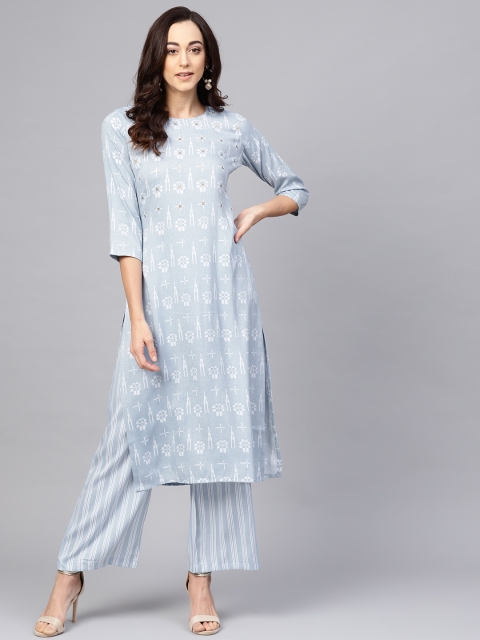 

Meeranshi Women Blue & White Printed Kurta with Palazzos