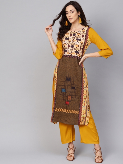 

Meeranshi Women Olive Green & Mustard Yellow Printed Kurta with Palazzos
