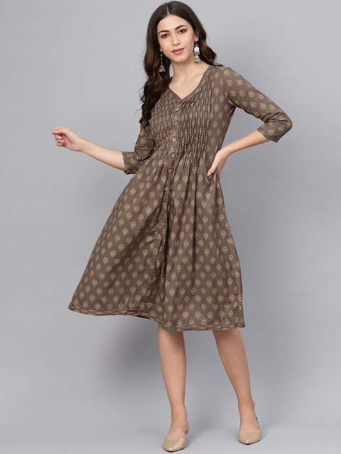 

Meeranshi Women Printed Brown & Beige A-Line Dress