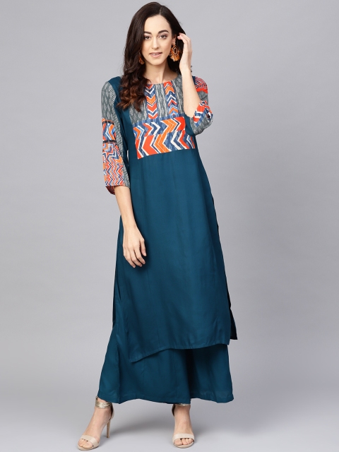 

Meeranshi Women Teal Blue Yoke Design Kurta with Palazzos