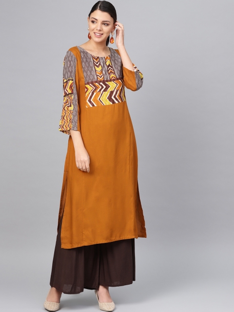 

Meeranshi Women Mustard Brown Yoke Design Straight Kurta