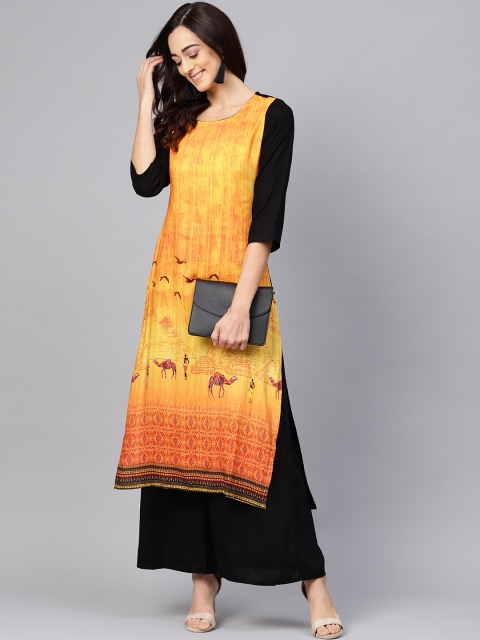 

Meeranshi Women Mustard Yellow & Black Printed Kurta with Palazzos
