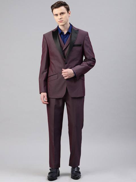 

Peter England Men Maroon & Grey Self Design Single-Breasted Tailored Fit Formal Suit