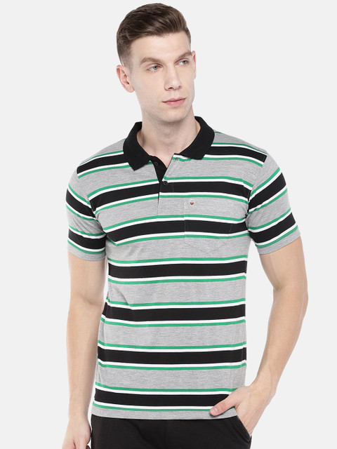 

Sweet Dreams Men Grey Melange Black Striped Polo Collar Pure Cotton T-shirt