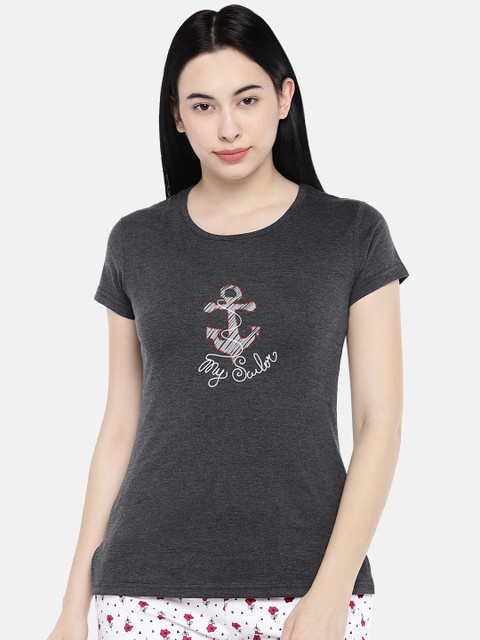 

Sweet Dreams Women Charcoal Printed Round Neck T-shirt