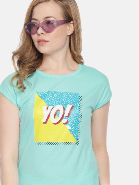 

Mast & Harbour Women Turquoise Blue Printed Round Neck T-shirt