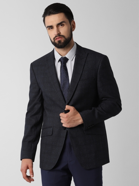 

Peter England Men Navy Blue Checked Slim-Fit Single-Breasted Blazer
