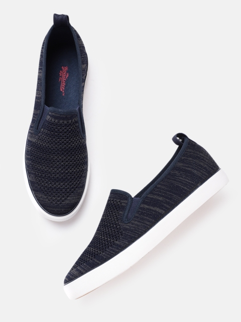 Men Navy Blue & Charcoal Grey Woven Design Slip-On Sneakers