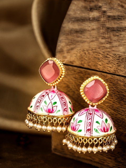 

Infuzze Pink & White Gold-Plated Stone Studded Hand Painted Dome Shaped Jhumkas