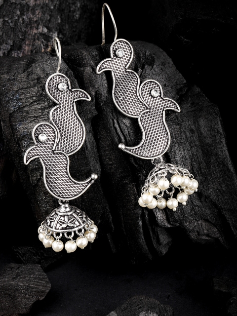 

Infuzze Off-White & Silver-Toned Beaded Oxidised Quirky Drop Earrings