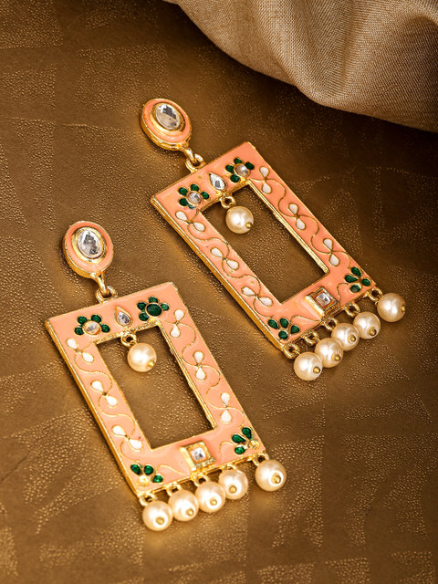 

Infuzze Peach-Coloured & Off-White Gold-Plated Beaded Meenakari Geometric Drop Earrings
