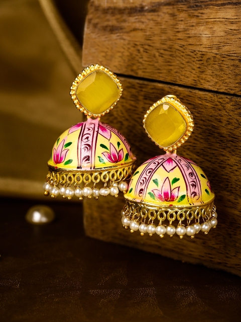 

Infuzze Yellow & Pink Gold-Plated Hand-Painted Dome Shaped Jhumkas