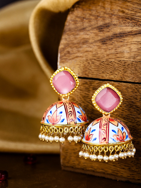 

Infuzze Blue & Peach-Coloured Gold-Plated & Hand Painted Dome Shaped Beaded Jhumkas