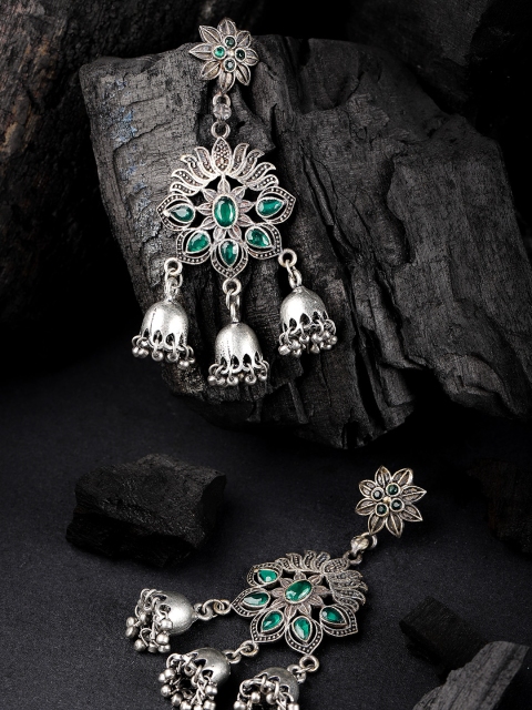 

Infuzze Green & Silver-Plated Handcrafted Oxidised Floral Drop Stone Studded Earrings