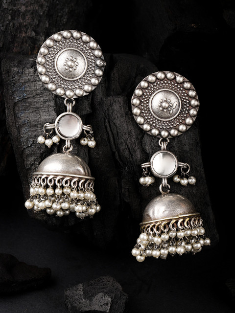 

Infuzze Silver-Plated Oxidized Dome Shaped Stone Studded & Beaded Jhumkas